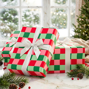 Retro Rode Groen Roze Schotse Plaid Kerstmis Cadeaupapier
