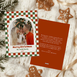 Retro Rode Groen Schachbrett Foto Boog Kerstmis Feestdagenkaart