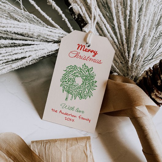 Retro Rode Groene Getekende Boog Krans Kerstmis Cadeaulabel