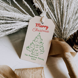 Retro Rode Groene Handgetekende Kerstboom Vintage Cadeaulabel