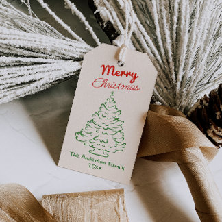 Retro Rode Groene Handgetekende Kerstboom Vintage Cadeaulabel