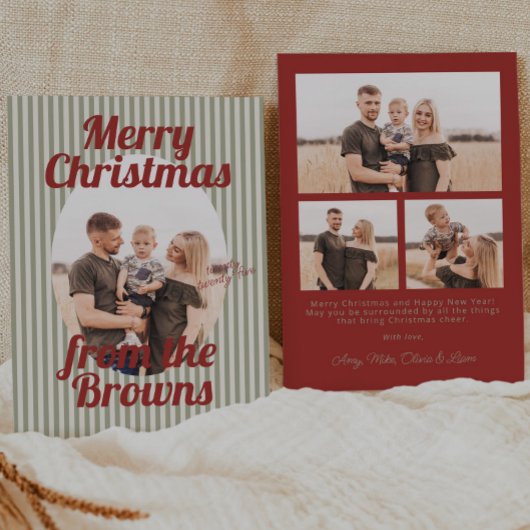 Retro rode groene strepen Boho Ovaal Foto Kerstmis Feestdagenkaart