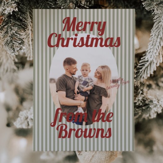 Retro rode groene strepen Boho Ovaal Foto Kerstmis Feestdagenkaart