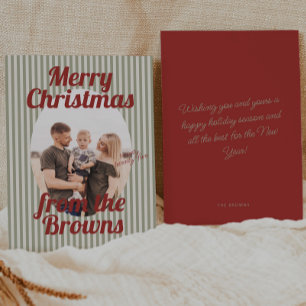 Retro rode groene strepen Boho Ovaal Foto Kerstmis Feestdagenkaart