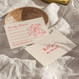 Retro rode hand geschreven getekend eigenzinnige S RSVP Kaartje