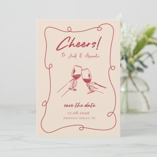 Retro Rode hand getekend Script Wedding sla de dat Save The Date (Staand voorkant)