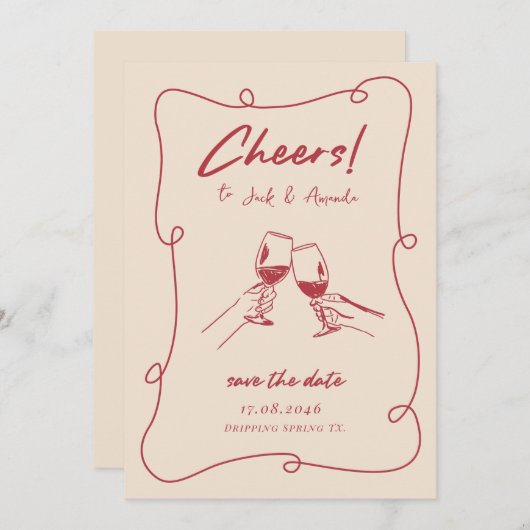 Retro Rode hand getekend Script Wedding sla de dat Save The Date (Voorkant / Achterkant)