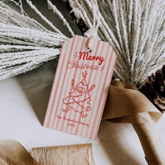 Retro Rode Hand Getekende Pret Kerstboom Vintage Cadeaulabel