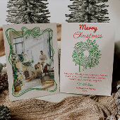 Retro Rode Hand Getrokken Bow Krans Foto Kerstmis Feestdagenkaart