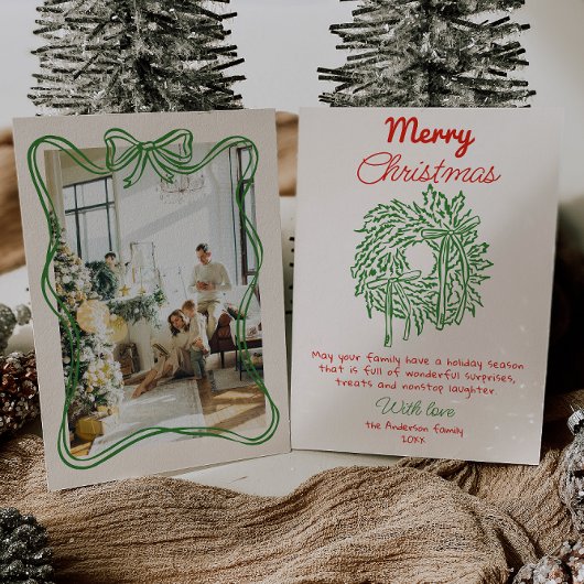 Retro Rode Hand Getrokken Bow Krans Foto Kerstmis Feestdagenkaart