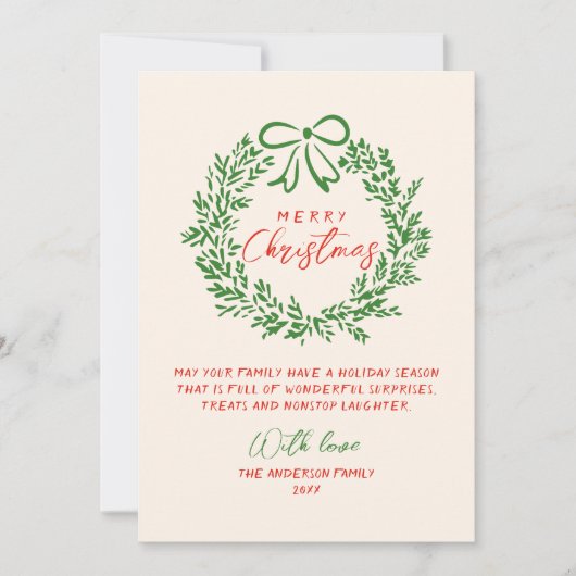 Retro Rode Hand Getrokken Ribbon Krans Foto Kerstm Feestdagenkaart (Voorkant)