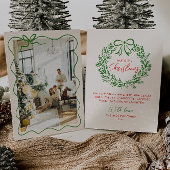 Retro Rode Hand Getrokken Ribbon Krans Foto Kerstm Feestdagenkaart