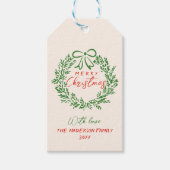 Retro Rode Hand Getrokken Ribbon Krans Vrolijk Ker Cadeaulabel (Voorkant)