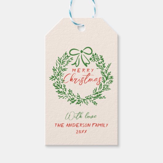 Retro Rode Hand Getrokken Ribbon Krans Vrolijk Ker Cadeaulabel (Voorkant)