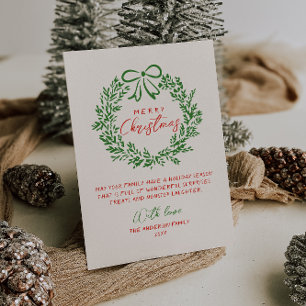 Retro Rode Hand Getrokken Ribbon Krans Vrolijk Ker Feestdagenkaart