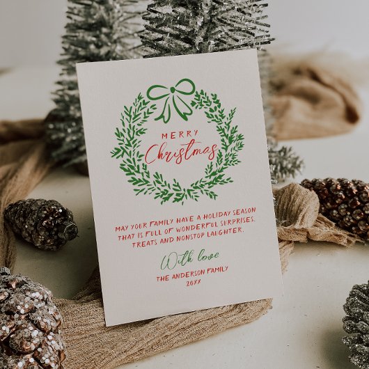 Retro Rode Hand Getrokken Ribbon Krans Vrolijk Ker Feestdagenkaart