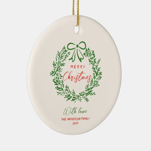 Retro Rode Hand Getrokken Ribbon Krans Vrolijk Ker Keramisch Ornament (Rechts)