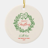 Retro Rode Hand Getrokken Ribbon Krans Vrolijk Ker Keramisch Ornament (Voorkant)