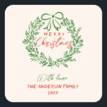 Retro Rode Hand Getrokken Ribbon Krans Vrolijk Ker Vierkante Sticker<br><div class="desc">Als u op zoek bent naar een uniek en mooi eenvoudig bewerkbaar feestelijk Kerst sticker. Deze is perfect voor jou. Zoals je ziet is het ontwerp voorzien van een handgemaakte en getekende groene grillige linttoorn. Met een rode grillige hand geschreven kalligrafie van MERRY CHRISTMAS. En je familienaam en het jaar...</div>