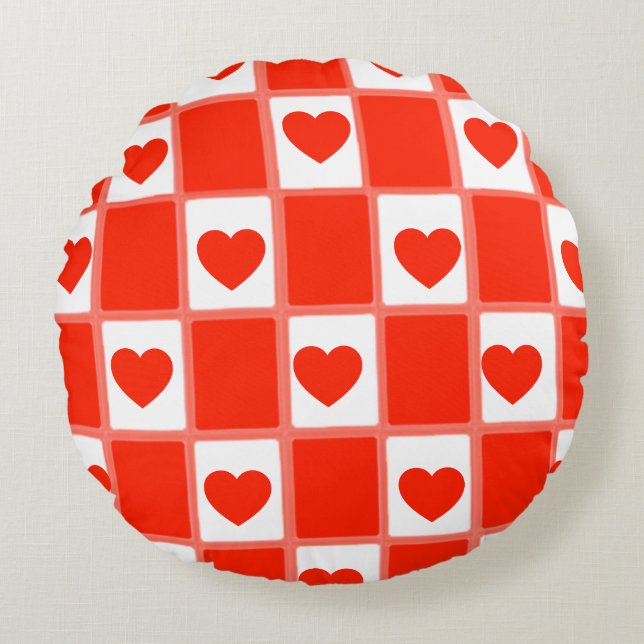 Retro Rode Hart Schachbrettpatroon Worp Kussen (Voorkant)