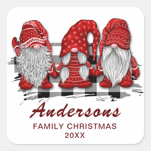 Retro Rode Kabouters Kerst Plaid Vakantie Vierkante Sticker (Voorkant)