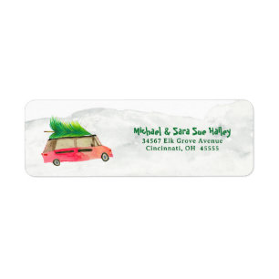 Retro Rode Kar Kerstboom Watercolor Retouradres Etiket