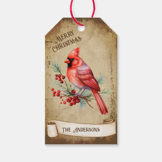 Retro  Rode Kardinaal Vogel Vrolijk Kerstfeest Cadeaulabel (Voorkant)