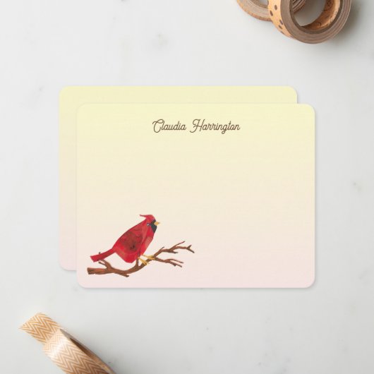 Retro Rode Kardinaalvogel Chique Handgeïllustreerd Notitiekaartje (Voorkant / Achterkant in situ)
