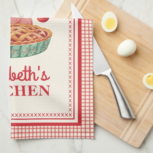 Retro rode kersen geruite keukenhanddoek (Quarter Fold)