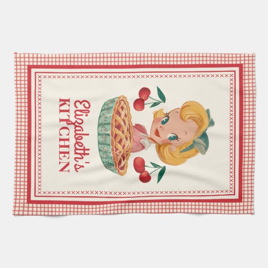 Retro rode kersen geruite keukenhanddoek (Horizontaal)