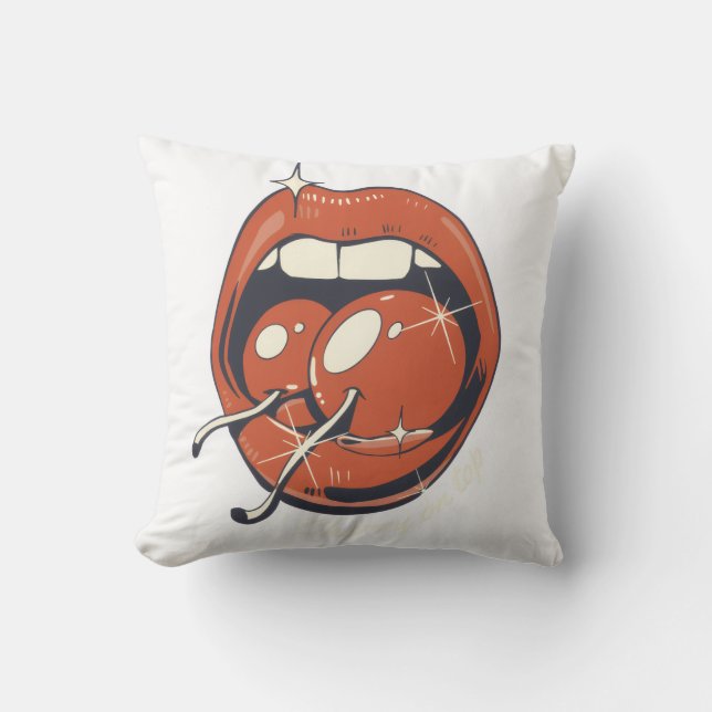 Retro Rode Kersen Lippen Grafische Kunst Kussen (Voorkant)