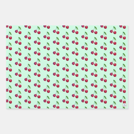 Retro Rode Kersen Verpakking Mintgroene Kerstmis Inpakpapier Vel (Voorkant)