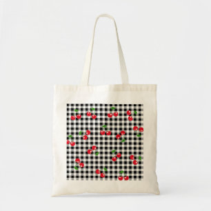 Retro Rode Kersen Zwart Wit Buffalo Plaid Gingham Tote Bag