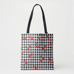 Retro Rode Kersen Zwart Wit Buffalo Plaid Gingham Tote Bag