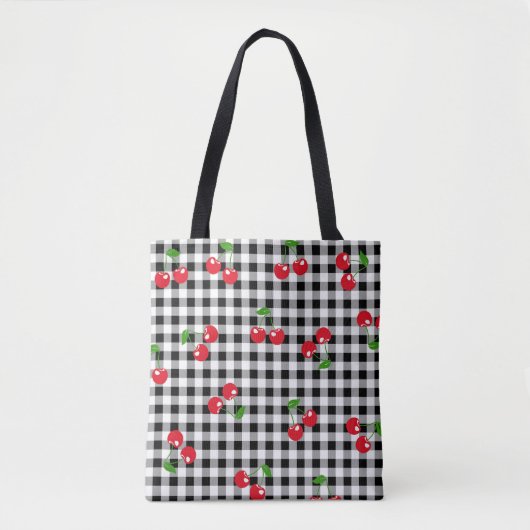 Retro Rode Kersen Zwart Wit Buffalo Plaid Gingham Tote Bag (Voorkant)