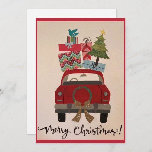 Retro  rode kerstauto feestdagenkaart (Voorkant / Achterkant)
