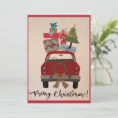 Retro  rode kerstauto feestdagenkaart (Staand voorkant)