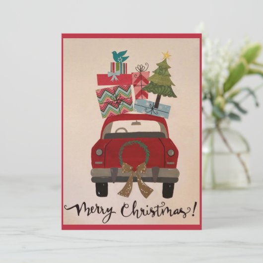 Retro rode kerstauto feestdagenkaart (Staand voorkant)