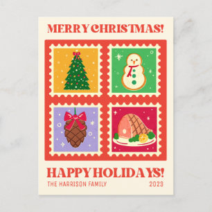 Retro rode kerststempel Feestdagen Briefkaart