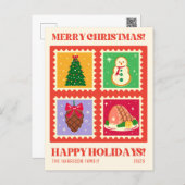 Retro rode kerststempel Feestdagen Briefkaart (Voorkant / Achterkant)