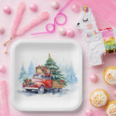 Retro Rode Kerstwagen Papieren Bordje (Feest)