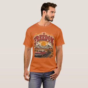 Retro Rode Klassieke Auto Vrijheid Berg Zonsonderg T-shirt