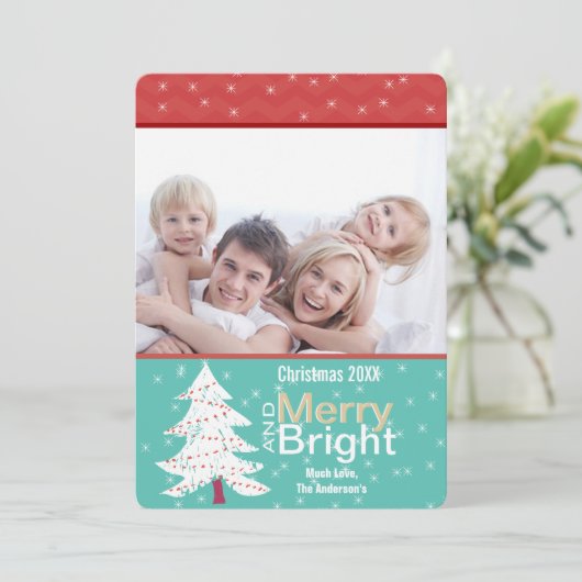 Retro Rode Mint Pijnboom Merry Bright Photo Card Feestdagenkaart (Staand voorkant)