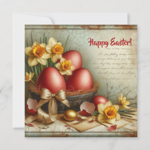 Retro rode paaseieren aquarel en narcissen feestdagenkaart