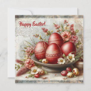 Retro rode paaseieren watercolor lente bloemen feestdagenkaart