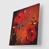 Retro  rode papaverbloemen griepvormig design illu vierkante klok (Hoek)