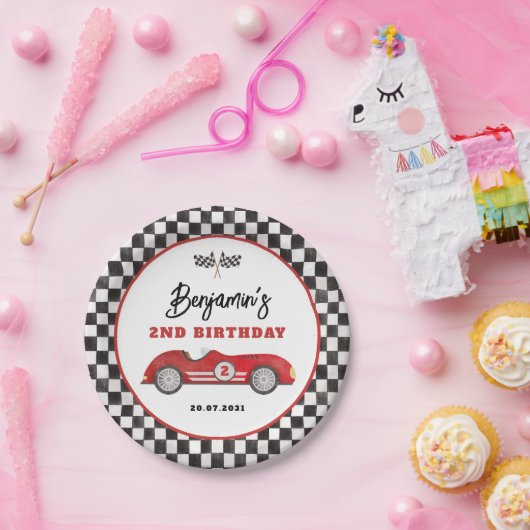 Retro rode race auto twee snelle jongen verjaardag papieren bordje (Feest)