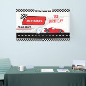 Retro rode raceauto jongen snel een jongen 1e verj spandoek (Beurs)