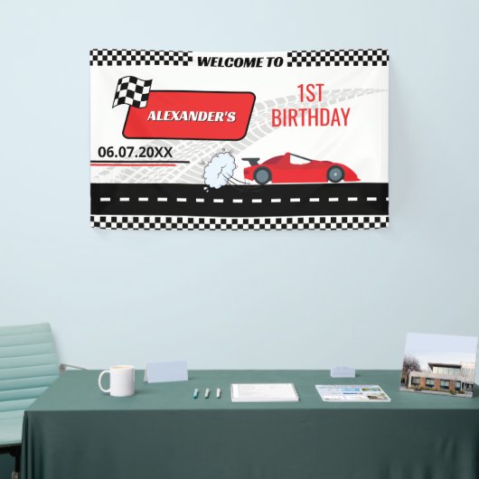 Retro rode raceauto jongen snel een jongen 1e verj spandoek (Beurs)
