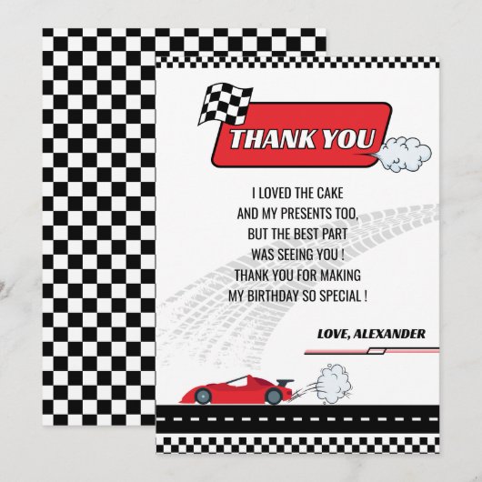 Retro rode raceauto jongen verjaardagsfeestje bedankkaart (Voorkant / Achterkant)